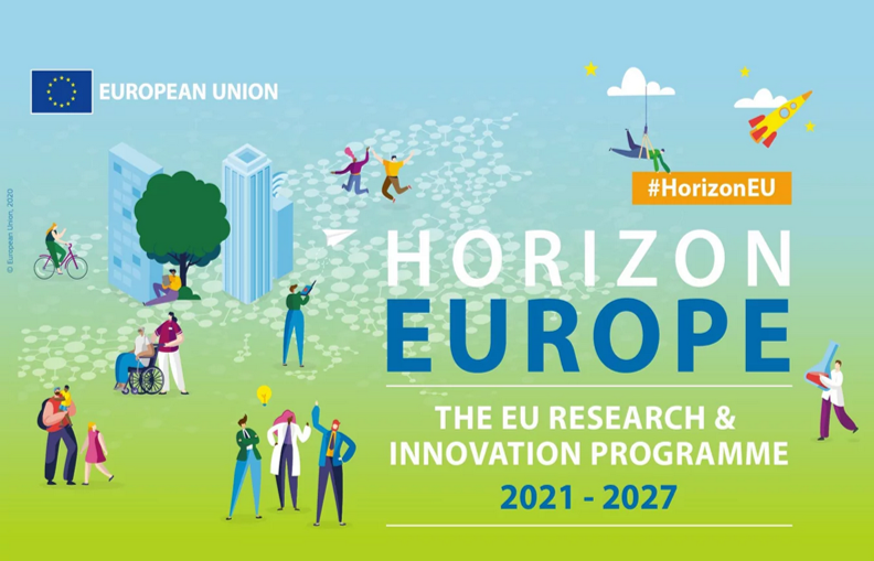 Illustration zum EU-Programm Horizon Europe (2021–2027): Menschen aus verschiedenen Lebensbereichen bewegen sich in einer modernen, grünen und urbanen Landschaft. Oben links das EU-Logo, daneben der Schriftzug ‚European Union‘, rechts ein Hashtag #HorizonEU und eine stilisierte Rakete. Grafik: European Union 2020
