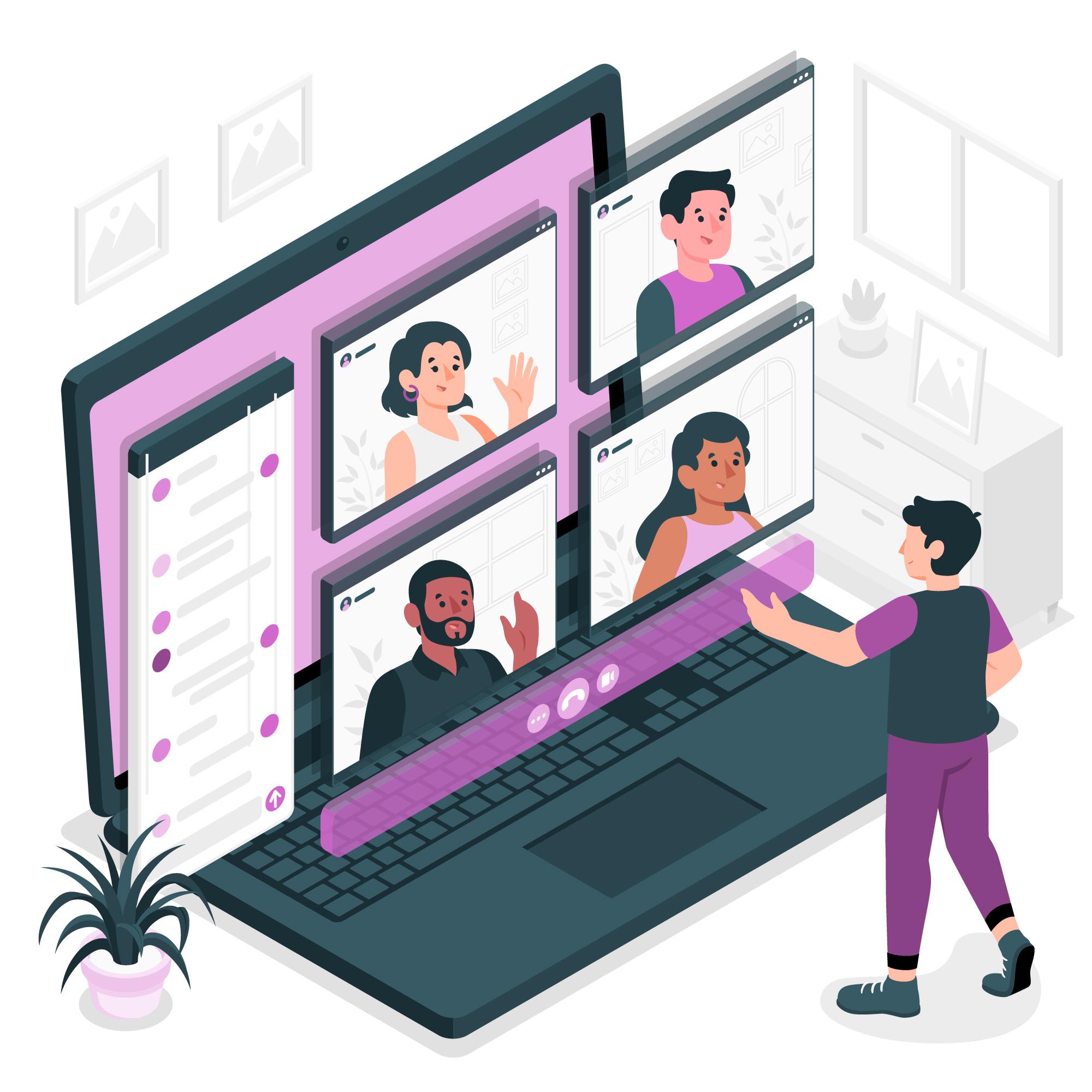 Illustration einer virtuellen Konferenz: Ein Mensch steht vor einem übergroßen Laptop, auf dessen Bildschirm mehrere Videoanrufe mit anderen Teilnehmenden angezeigt werden. 