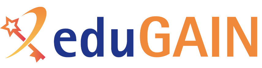 Logo von eduGAIN mit stilisiertem orange-rotem Schlüssel, der einen Stern enthält, und dem Schriftzug 'eduGAIN', wobei 'edu' in Blau und 'GAIN' in Orange geschrieben ist.