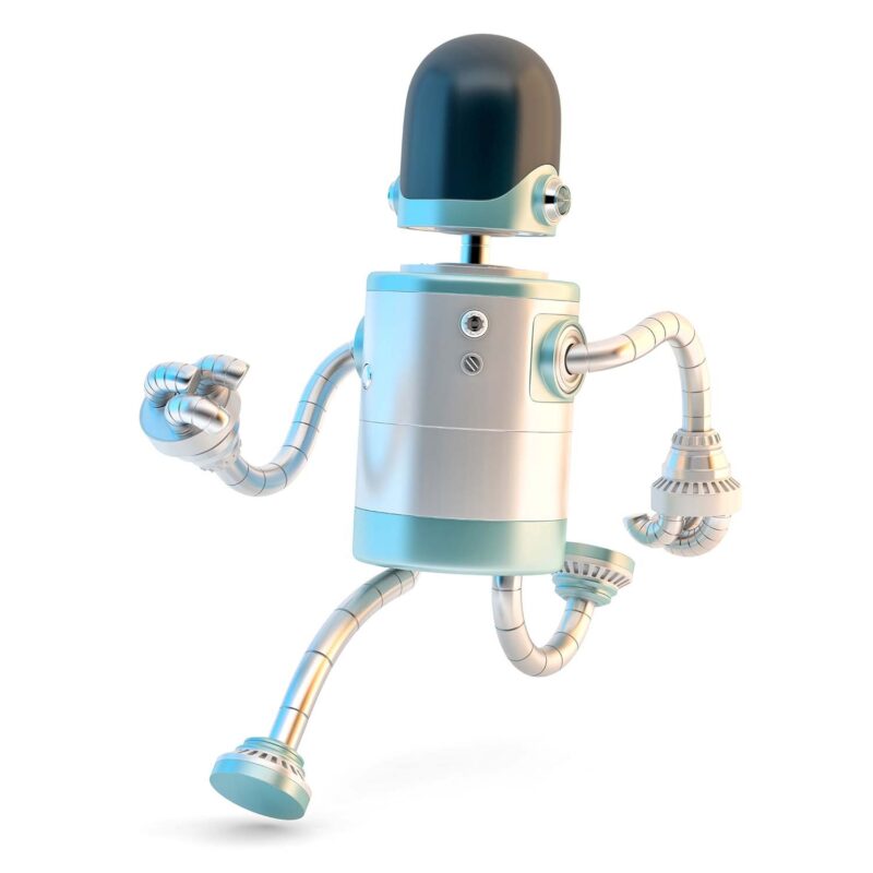 3D-Illustration eines stilisierten Roboters mit zylindrischem Körper, biegsamen Armen und Beinen aus Metall sowie einem schwarzen, abgerundeten Kopf. Der Roboter ist in Laufbewegung dargestellt und wirkt dynamisch. Die Farbgebung besteht aus Silber und Hellblau, der Hintergrund ist weiß.