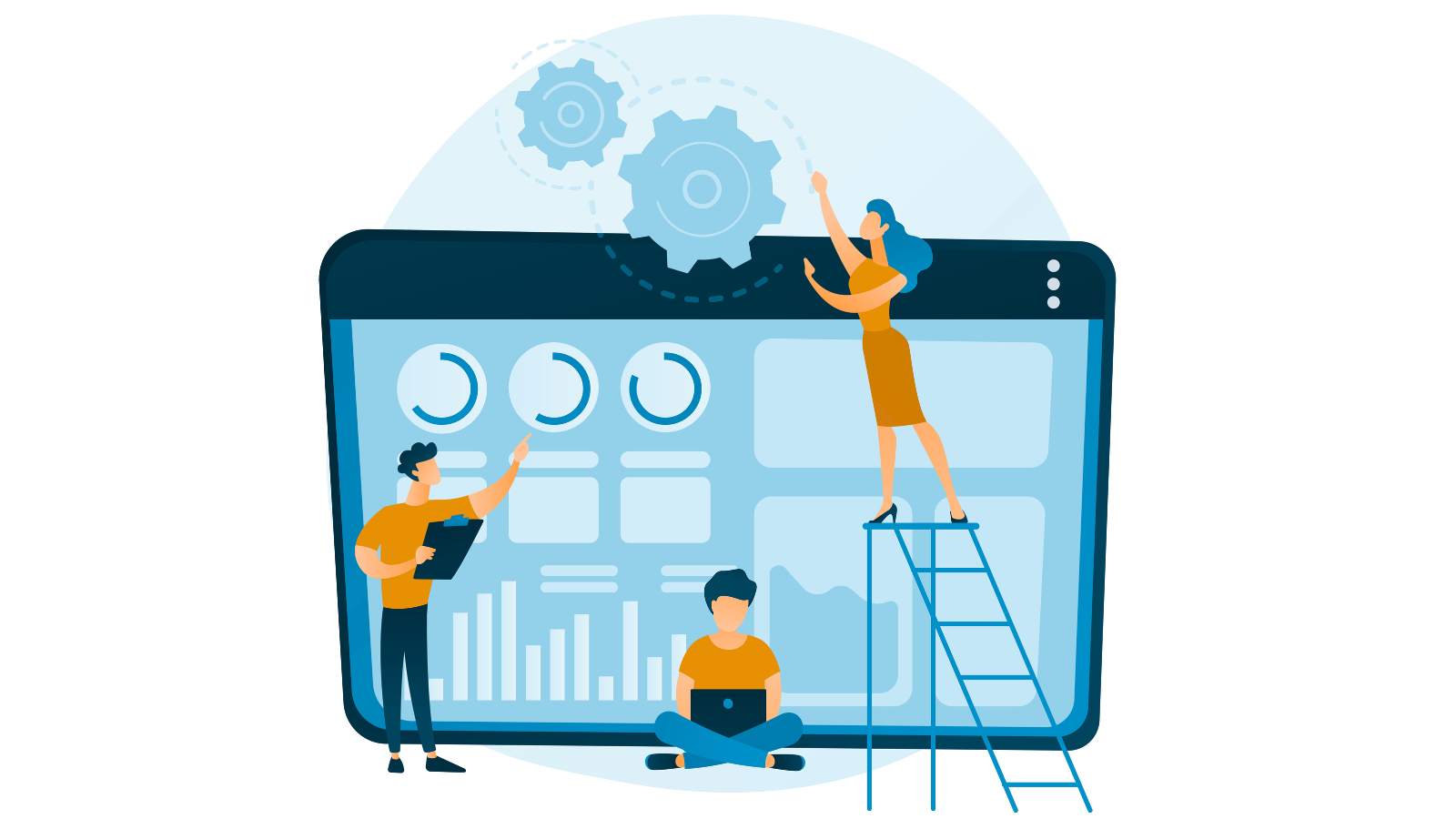 Die Illustration zeigt einen großen Bildschirm mit verschiedenen Charts. Davor sind links eine stehende Person mit Klemmbrett, in der Mitte unten eine Person mit aufgeklapptem Laptop im Schneidersitz und rechts eine Person auf einer Leiter, die an den Bildschirm gelehnt ist. Die Person dreht an Schrauben über dem Bildschirm. Die Personen sind gelb eingefärbt, der Rest des Bildes in Blautönen.