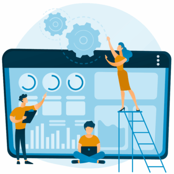 Die Illustration zeigt einen großen Bildschirm mit verschiedenen Charts. Davor sind links eine stehende Person mit Klemmbrett, in der Mitte unten eine Person mit aufgeklapptem Laptop im Schneidersitz und rechts eine Person auf einer Leiter, die an den Bildschirm gelehnt ist. Die Person dreht an Schrauben über dem Bildschirm. Die Personen sind gelb eingefärbt, der Rest des Bildes in Blautönen.