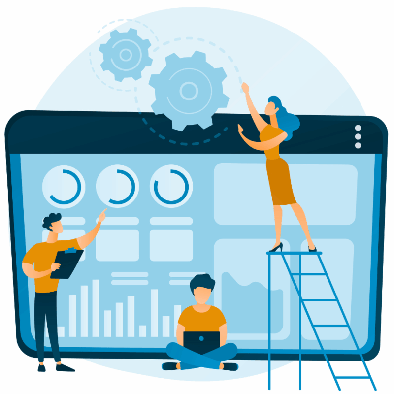 Die Illustration zeigt einen großen Bildschirm mit verschiedenen Charts. Davor sind links eine stehende Person mit Klemmbrett, in der Mitte unten eine Person mit aufgeklapptem Laptop im Schneidersitz und rechts eine Person auf einer Leiter, die an den Bildschirm gelehnt ist. Die Person dreht an Schrauben über dem Bildschirm. Die Personen sind gelb eingefärbt, der Rest des Bildes in Blautönen.