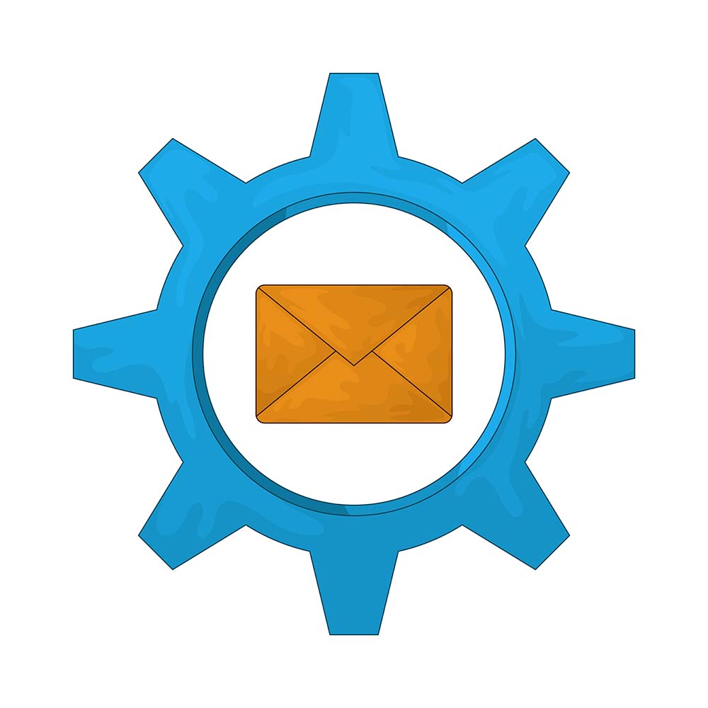 Symbolgrafik: Ein blaues Zahnrad, in dessen Mitte sich ein orangefarbener Briefumschlag befindet – Darstellung für E-Mail- oder Nachrichtendienste im technischen Kontext.