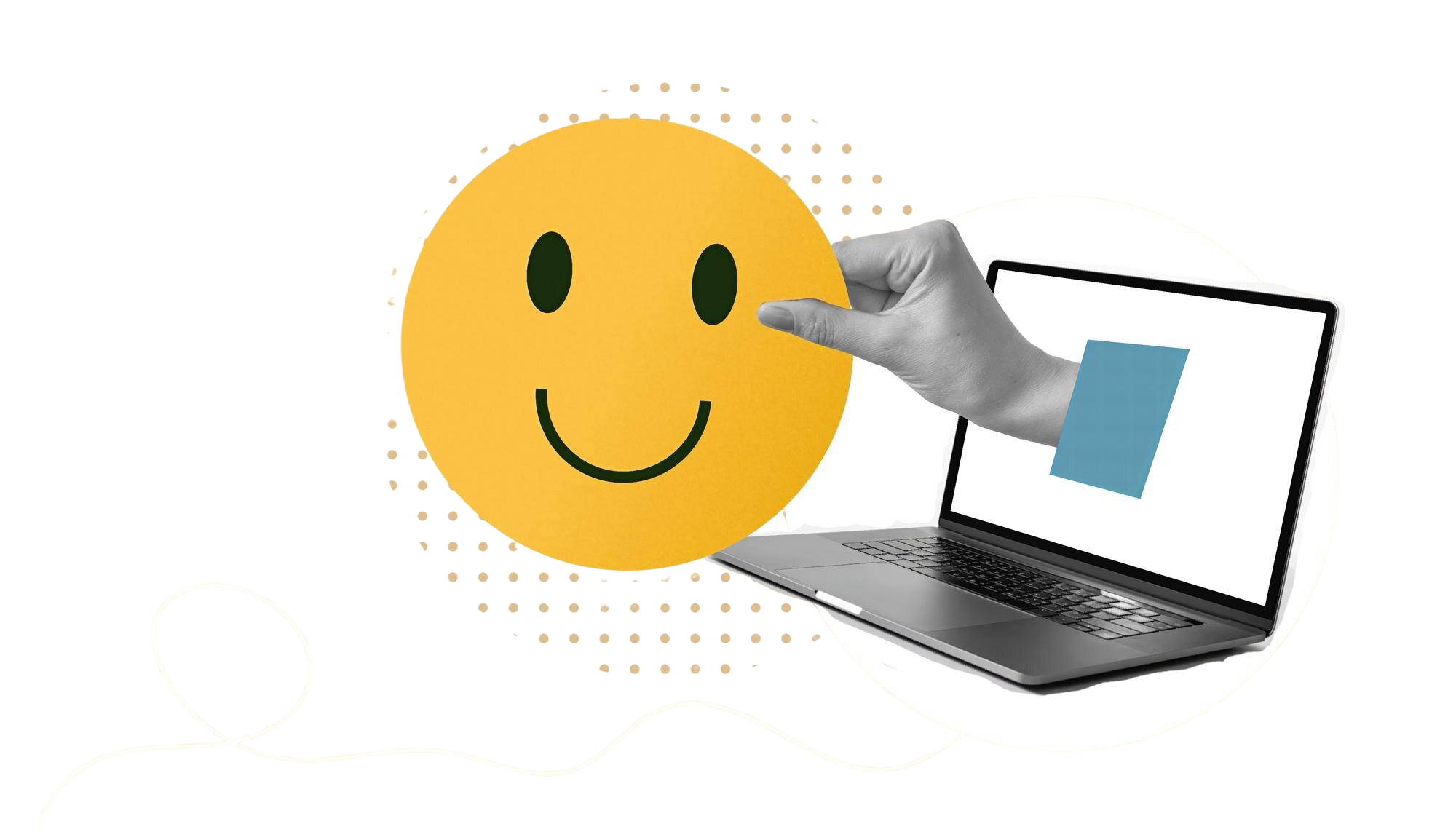 Grafische Illustration mit einem Laptop. Aus diesem ragt eine Hand, die ein großes Smiley-Gesicht vor den Bildschirm hält. Weiße und gelbe Gestaltungselemente ergänzen das Motiv. Die Grafik steht für digitale Zusammenarbeit und Web- bzw. Videokonferenzdienste. Quelle: Magnific