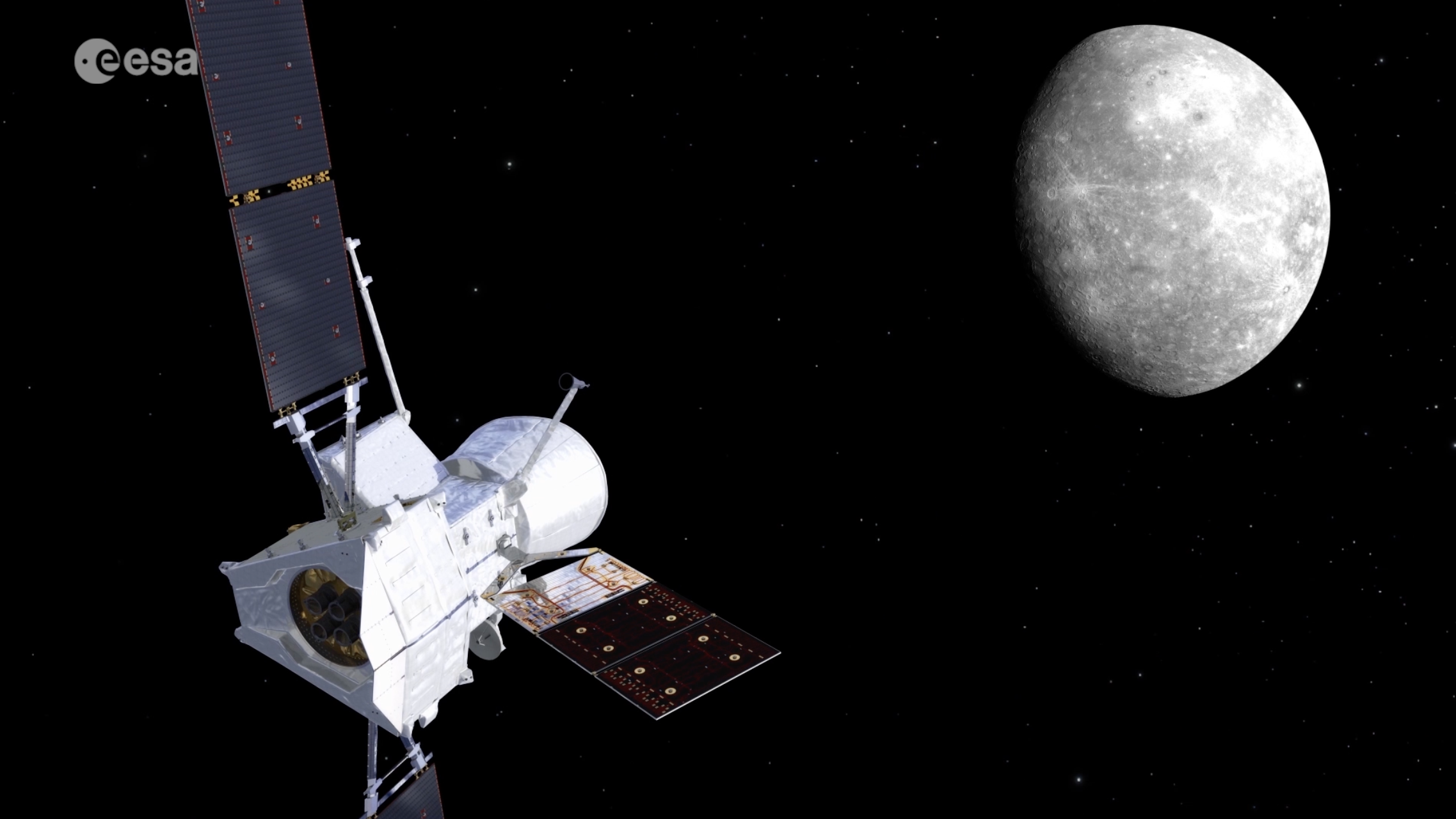 Mercury arrival: The four composite BepiColombo spacecraft is approaching Mercury. Solar electric propulsion thrusters are turned off, priming the spacecraft for the beginning of complex planetary arrival sequence. Photo: ©ESA